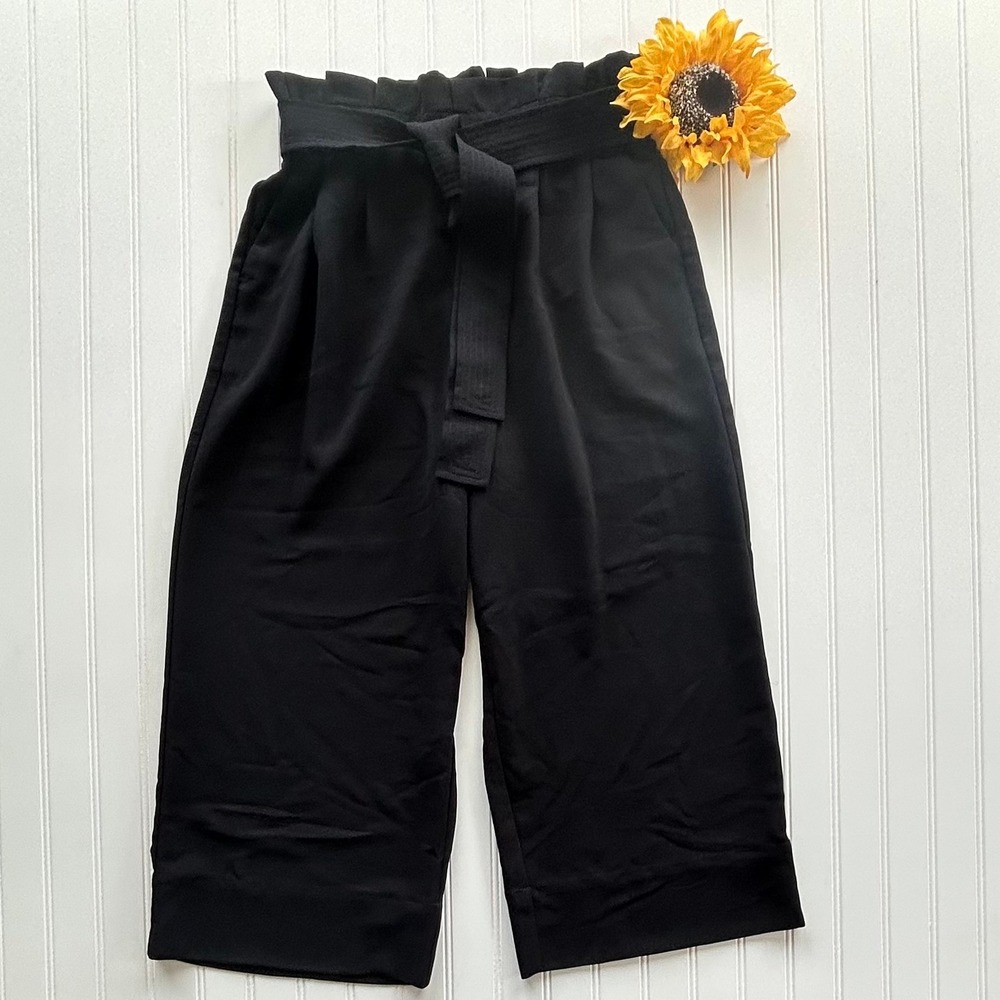 Madewell Paperbag Waist Pants Size L Black Good Cropped Wide Leg Tie Belt